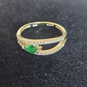 Gold Plated 925 Sterling Silver Ring With Green CZ And Micropave Accents
